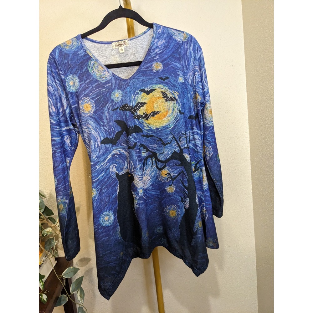 Starry Night Cat Bats Halloween Tunic Top V-Neck S
